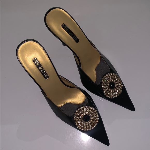 Ann Marino Point Toe Black + Gold Heels Size 8.5 - Picture 1 of 4